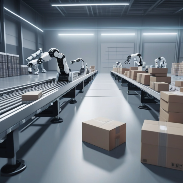 A robot arm in a modern warehouse selects a package, with automated systems and data visualization in the background.