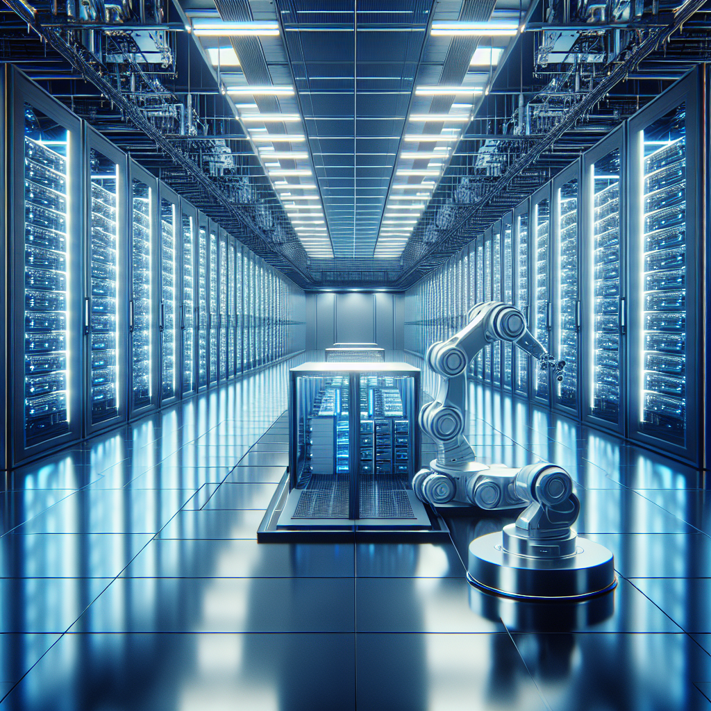 Futuristic data center with servers and a robotic arm indicating automated technology.